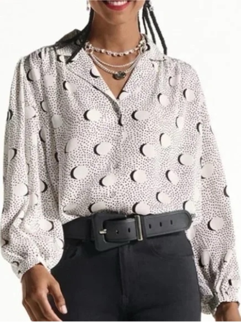 CAbi White and Black Moon-Print Button Front Blouse
